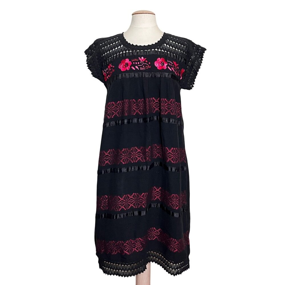 Ethnic Floral Embroidered Dress Small Black Pink Floral Crochet Boho Hippie